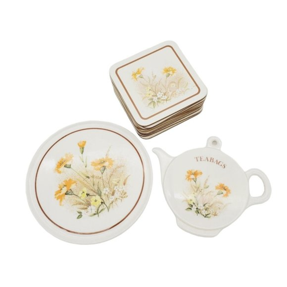 Vtg St. Michael Floral Tea Time Melamine Pot Trivet‎  Teabag Plate & 10 Coasters